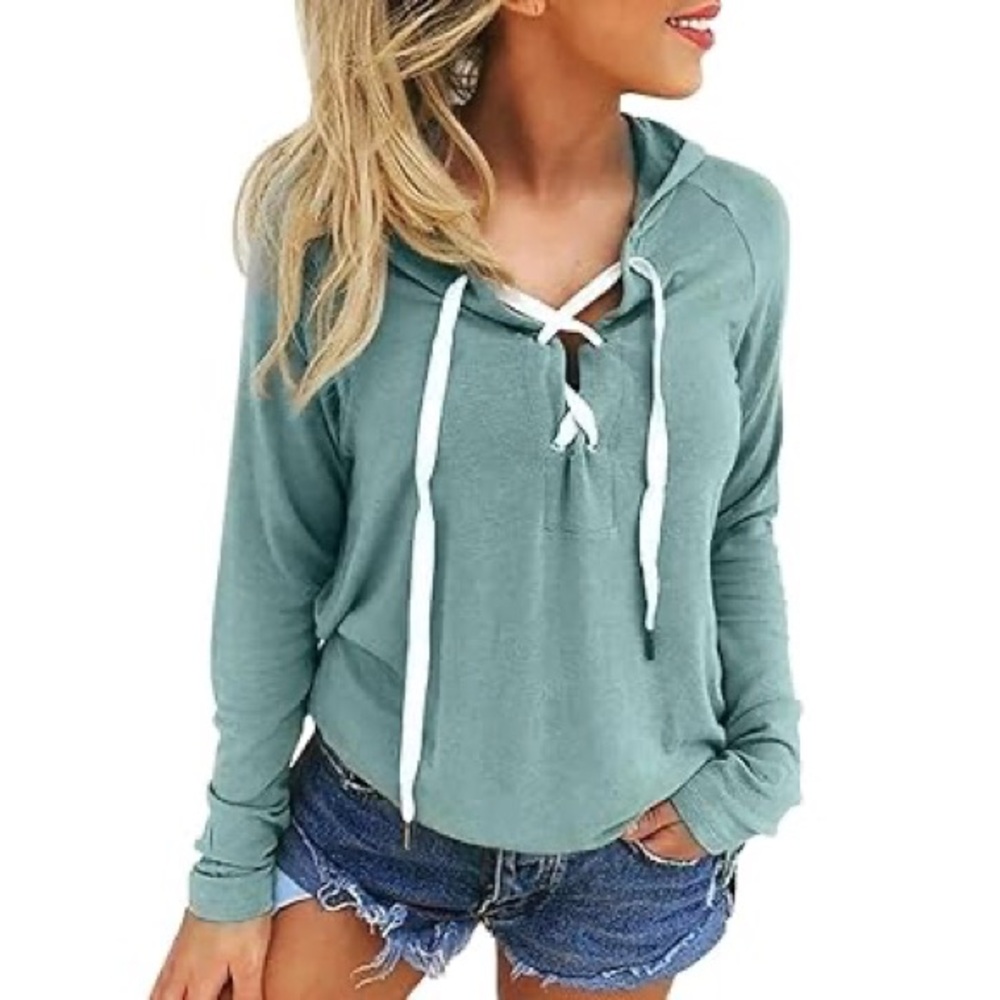 Women Lace Up V Neck Long Sleeve Solid Hooded Top